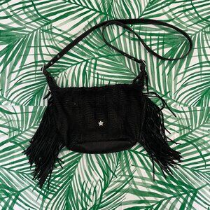 Ash Black Genuine Leather Fringe Trim Crossbody Hobo Bag